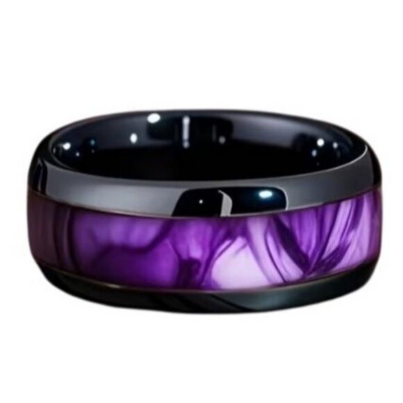 Tungsten Steel Carbide High Polished Purple Marble Inlay statement wedding Ring - Picture 3 of 5